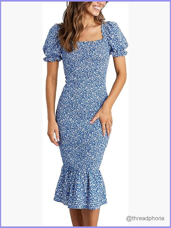 Dresses & Skirts - Floral Bodycon Midi Dress Puff Sleeve Mermaid Cocktail Party Dress